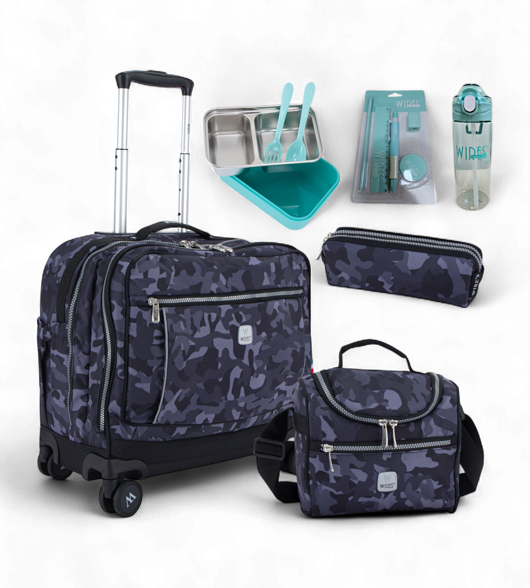 Wires 4 Wheels Rolling School Bag 5 Piece Student Set
