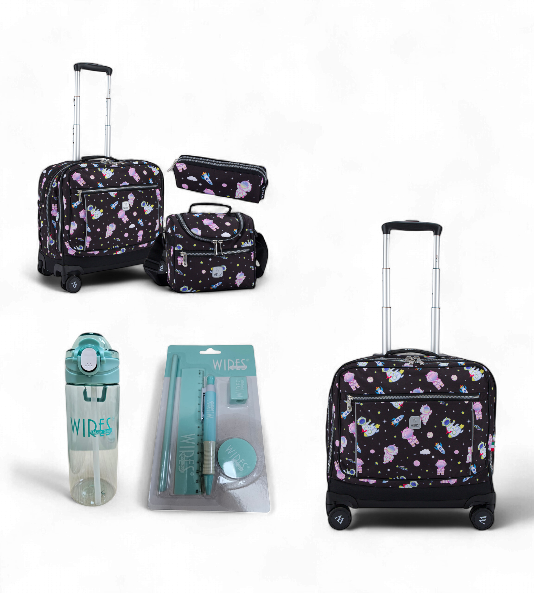 Wires 4 Wheels Rolling School Bag 5 Piece Student Set