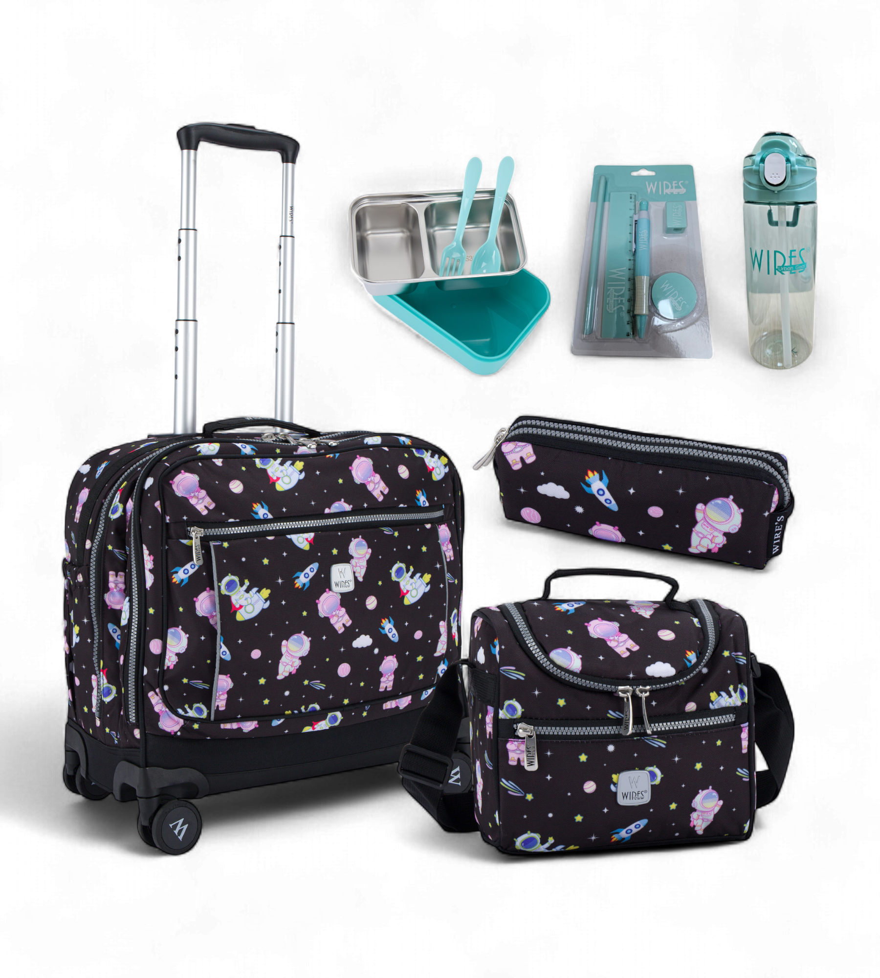 Wires 4 Wheels Rolling School Bag 5 Piece Student Set