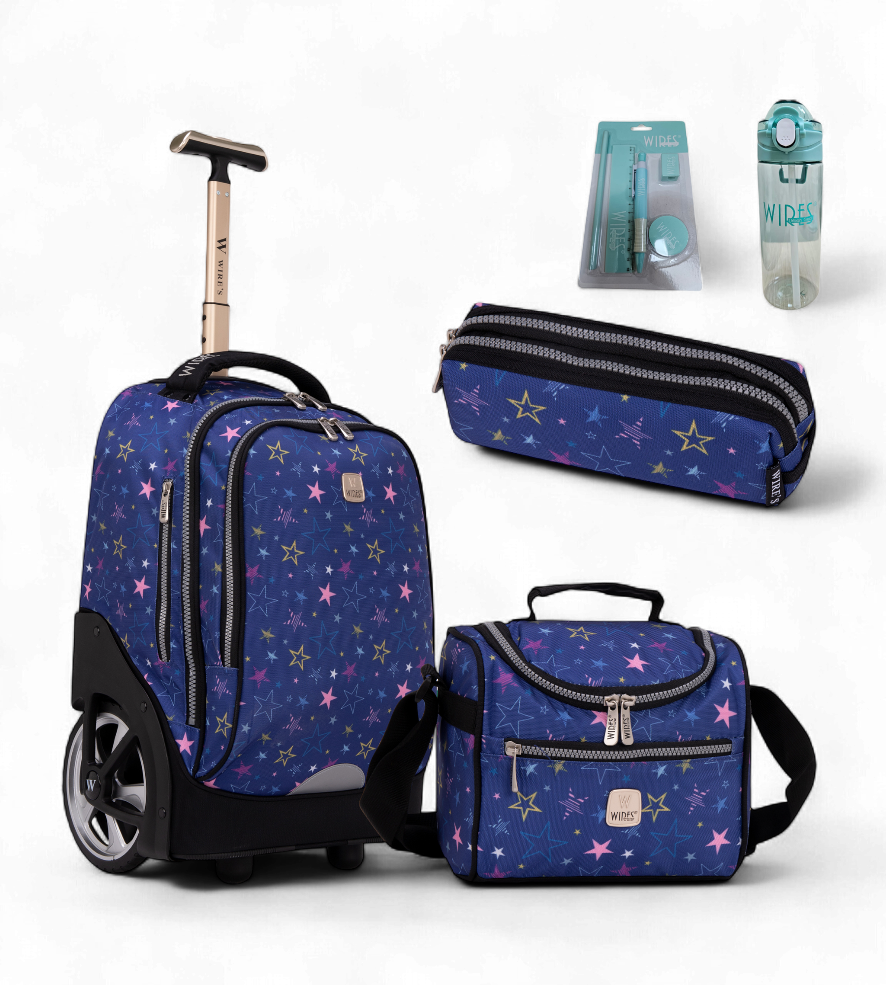 Wires Big Wheel Rolling School Bag 5 Piece Student Set