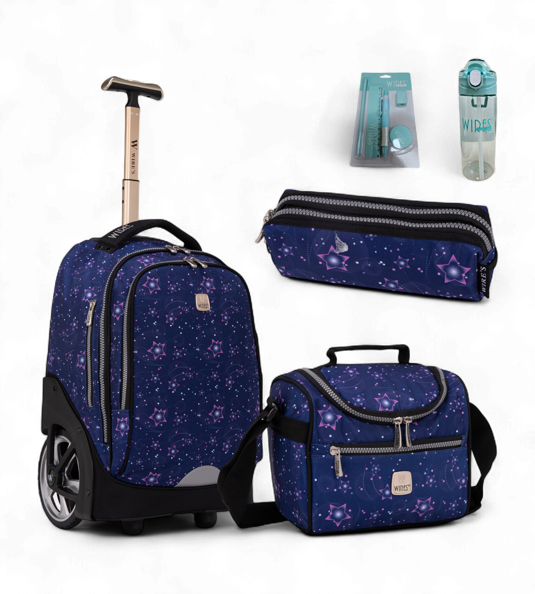 Wires Big Wheel Rolling School Bag 5 Piece Student Set