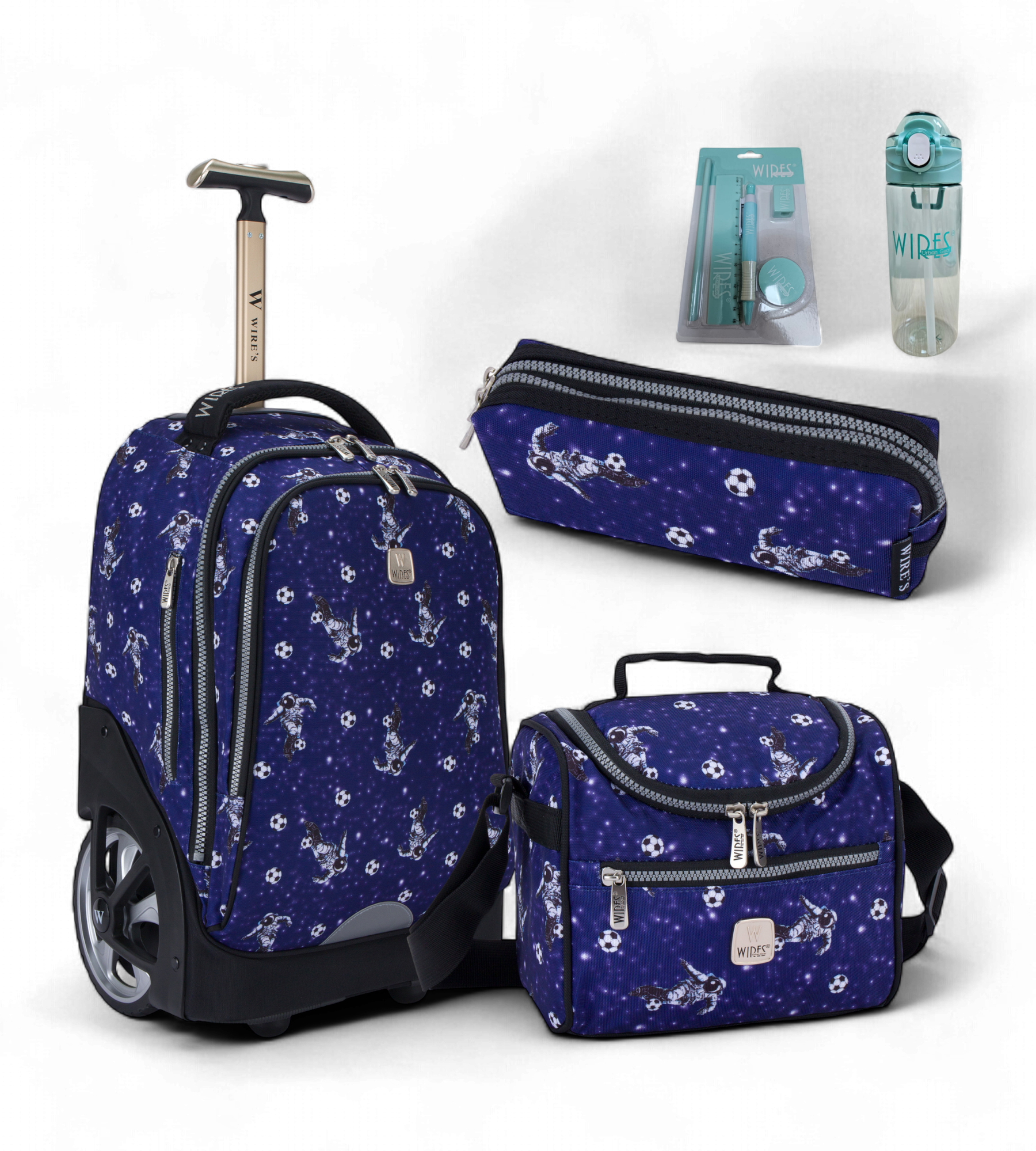 Wires Big Wheel Rolling School Bag 5 Piece Student Set