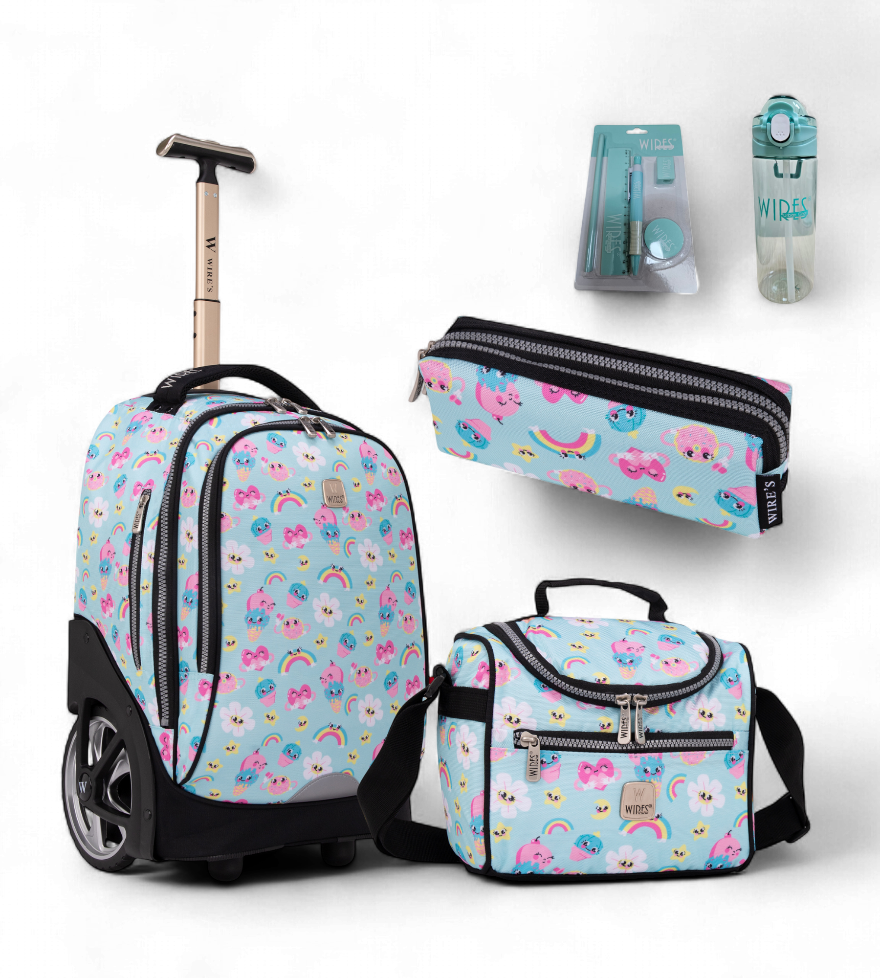 Wires Big Wheel Rolling School Bag 5 Piece Student Set