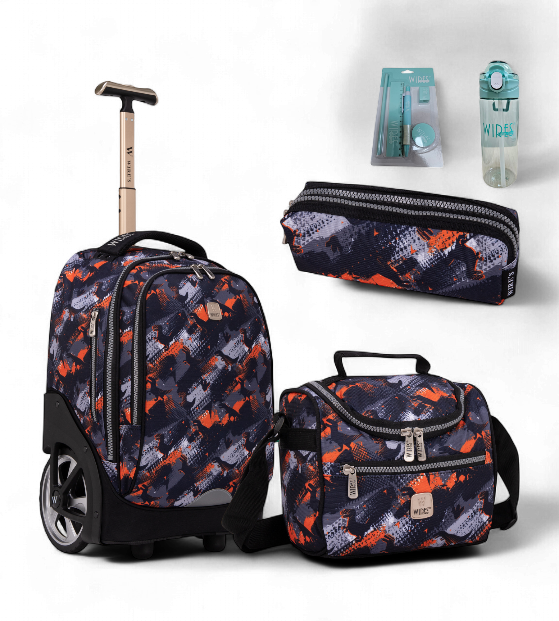 Wires Big Wheel Rolling School Bag 5 Piece Student Set