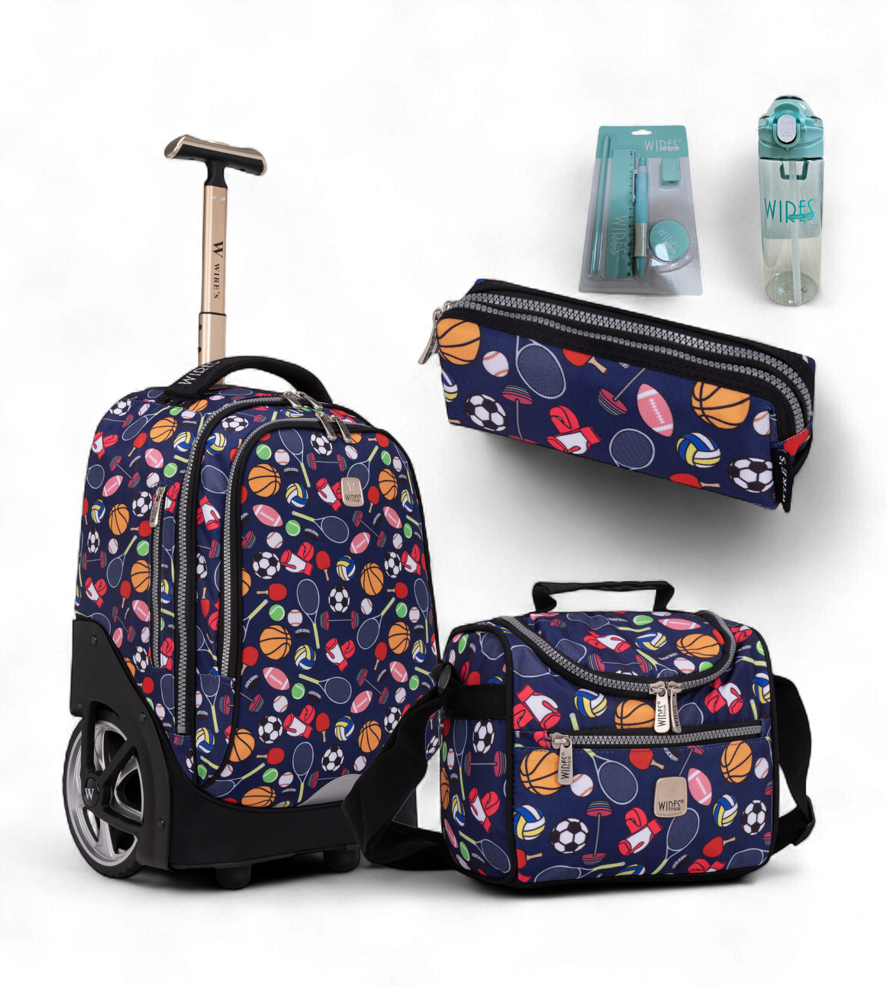 Wires Big Wheel Rolling School Bag 5 Piece Student Set