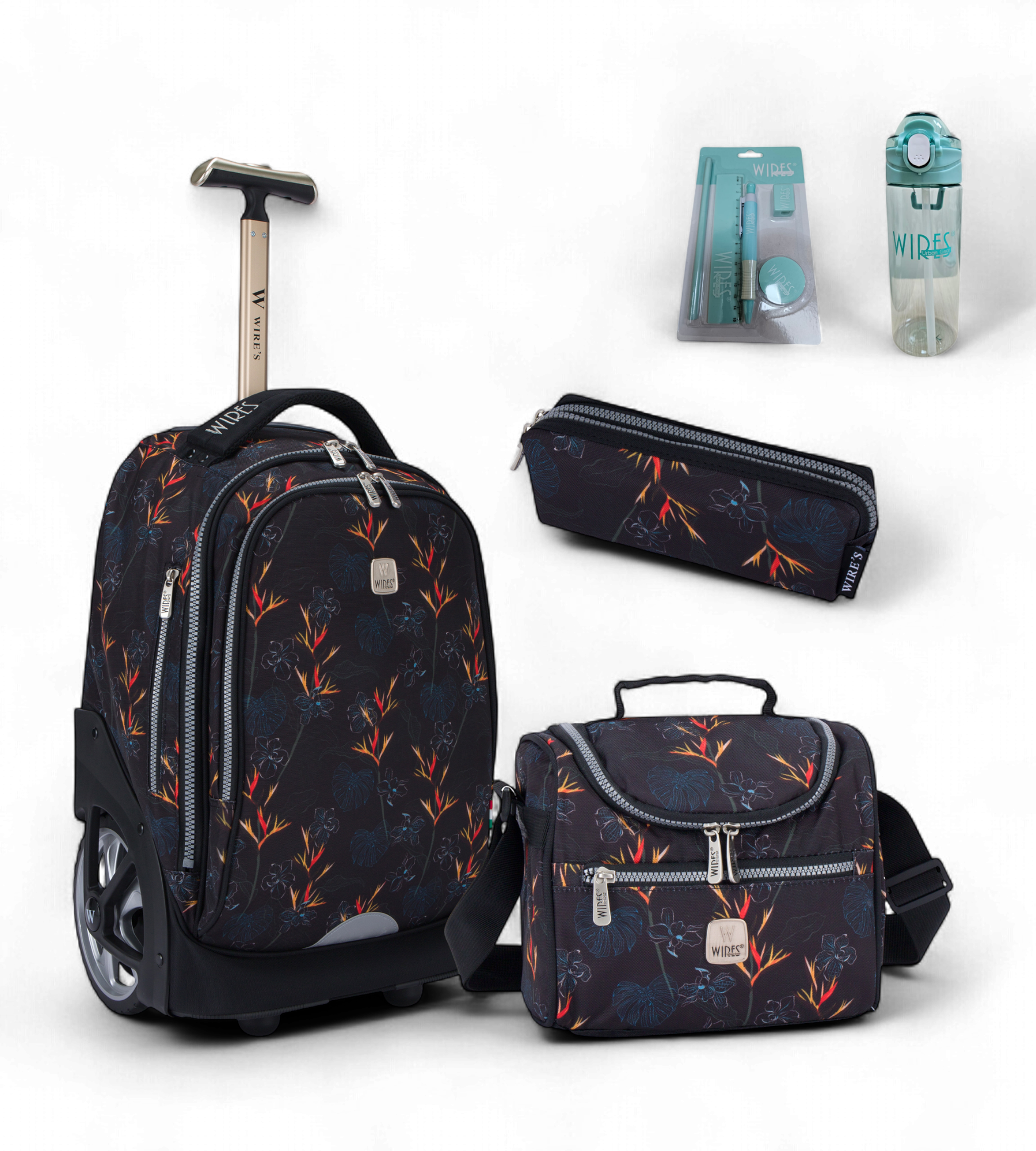 Wires Big Wheel Rolling School Bag 5 Piece Student Set