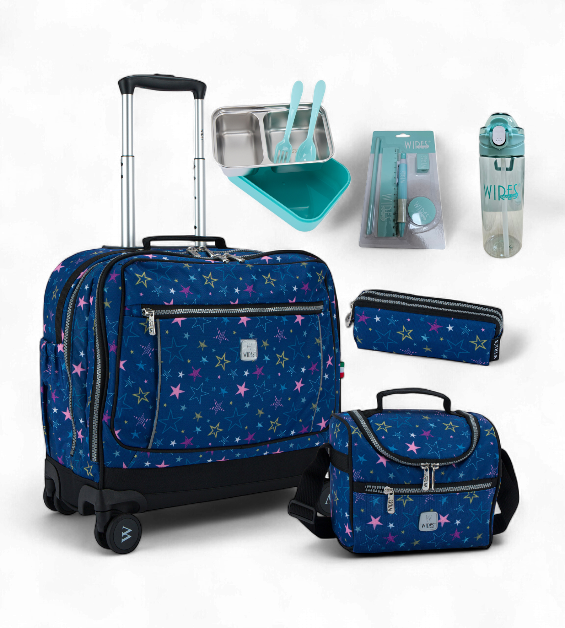 Wires 4 Wheels Rolling School Bag 5 Piece Student Set