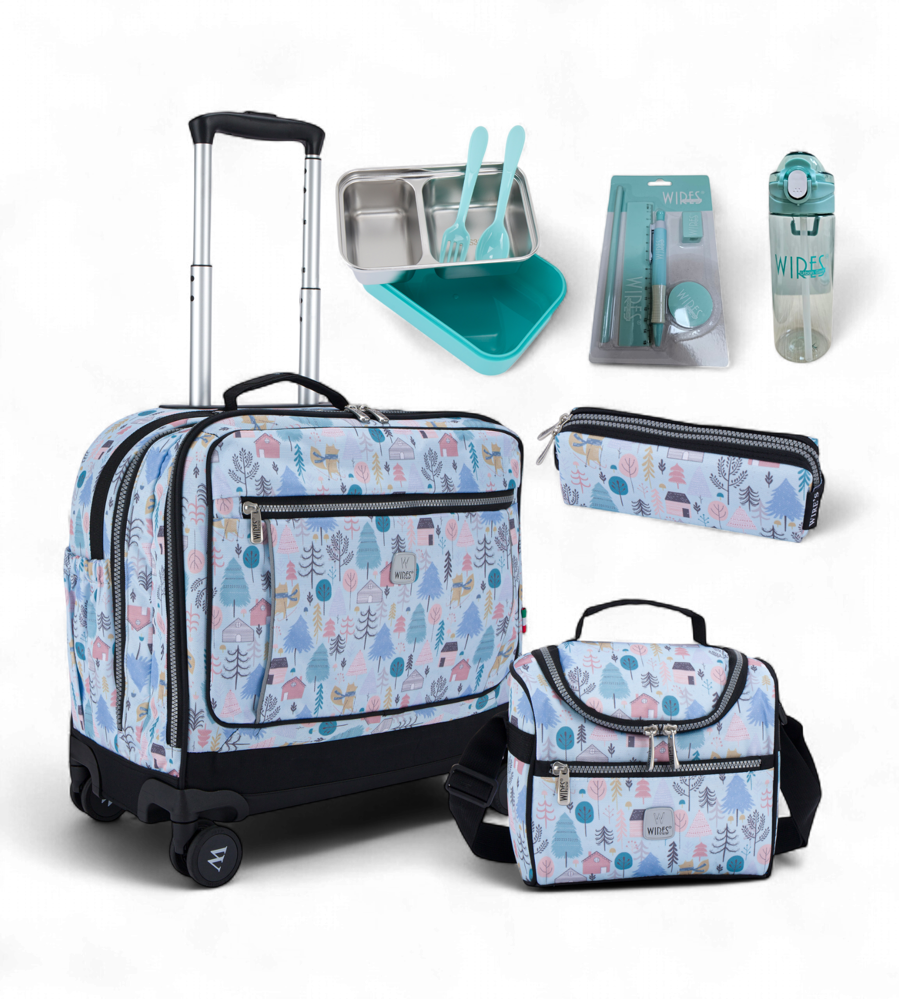 Wires 4 Wheels Rolling School Bag 5 Piece Student Set