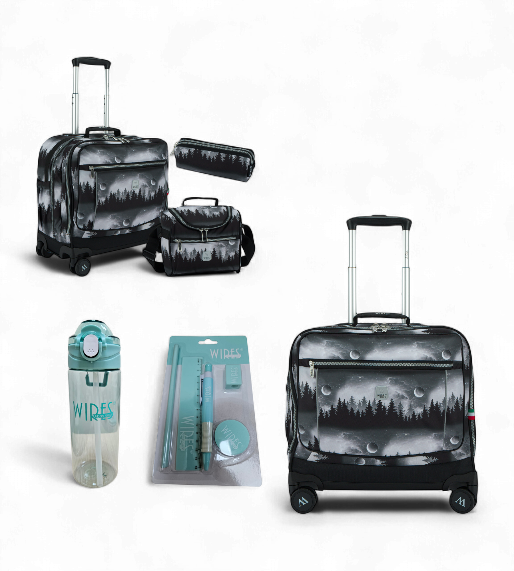 Wires 4 Wheels Rolling School Bag 5 Piece Student Set