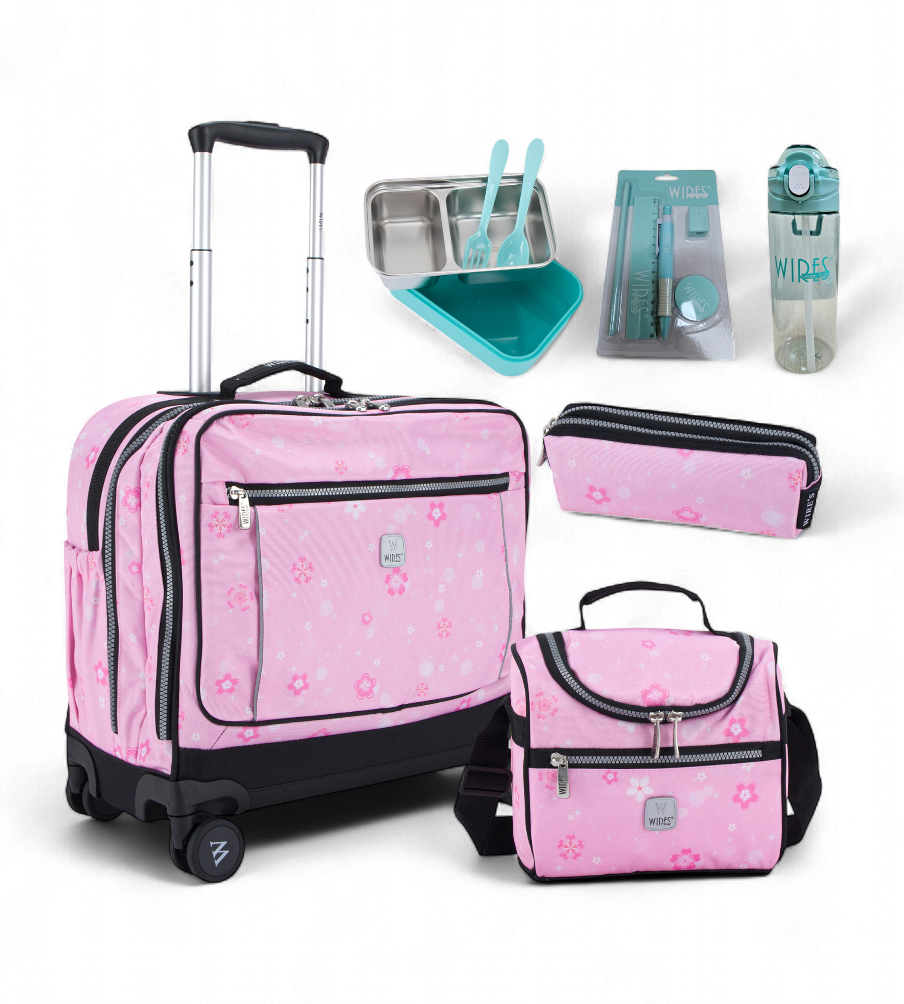 Wires 4 Wheels Rolling School Bag 5 Piece Student Set