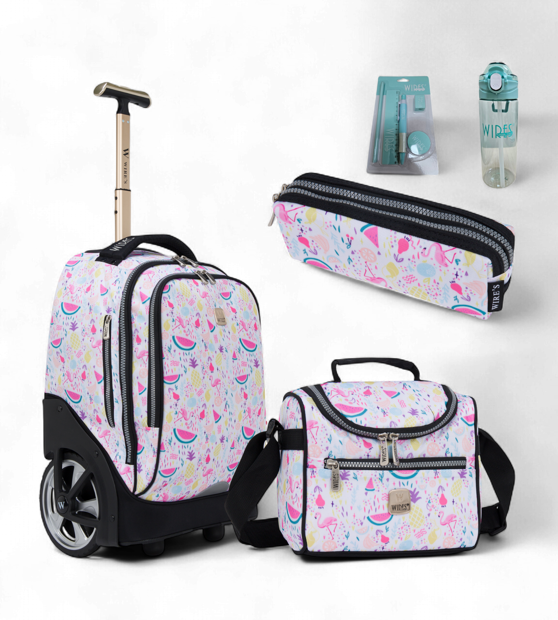 Wires Big Wheel Rolling School Bag 5 Piece Set