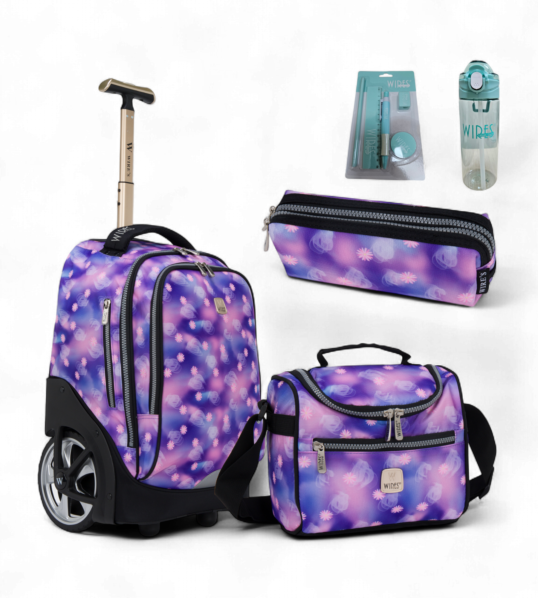 Wires Big Wheel Rolling School Bag 5 Piece Student Set