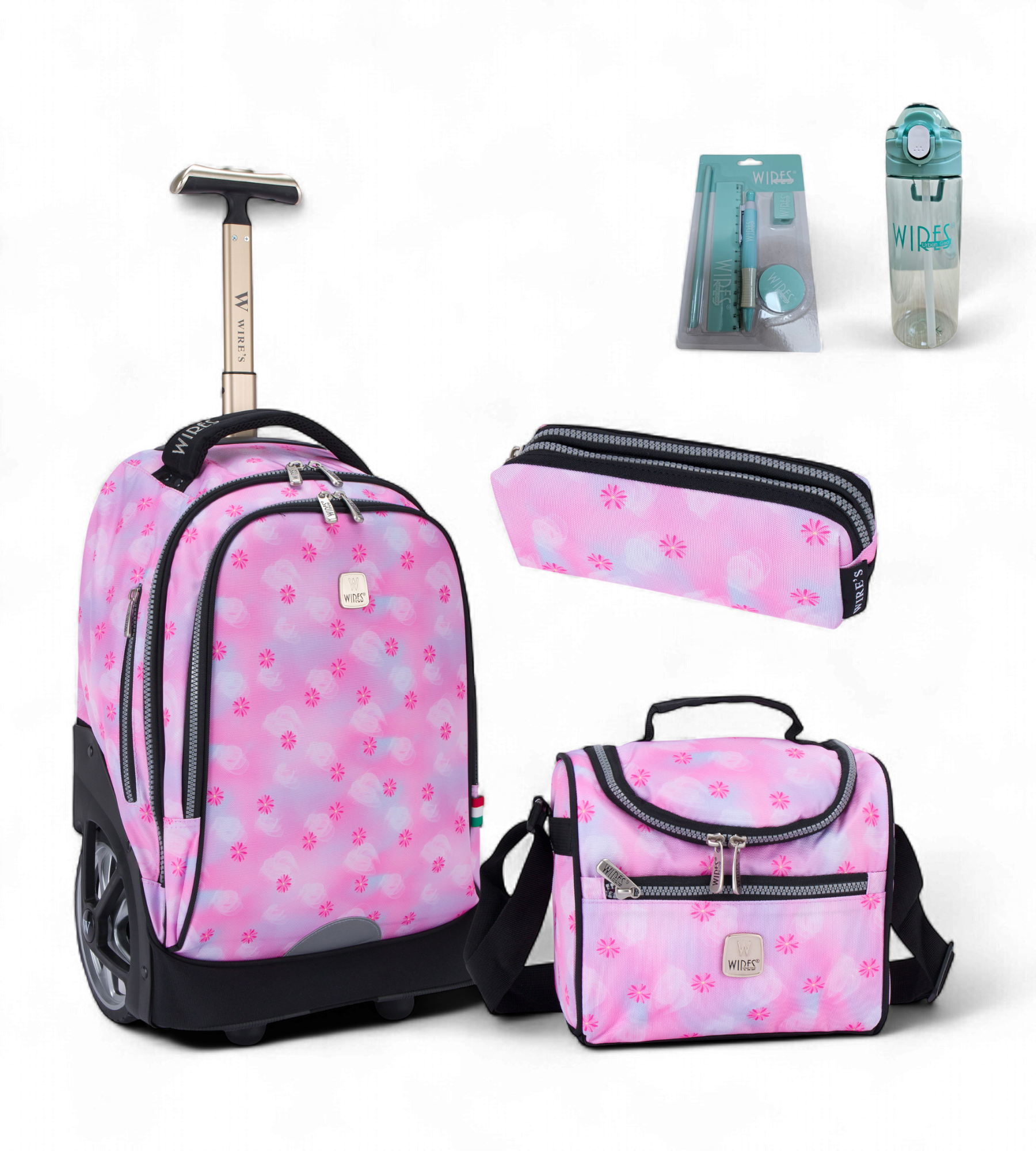 Wires Big Wheel Rolling School Bag 5 Piece Student Set