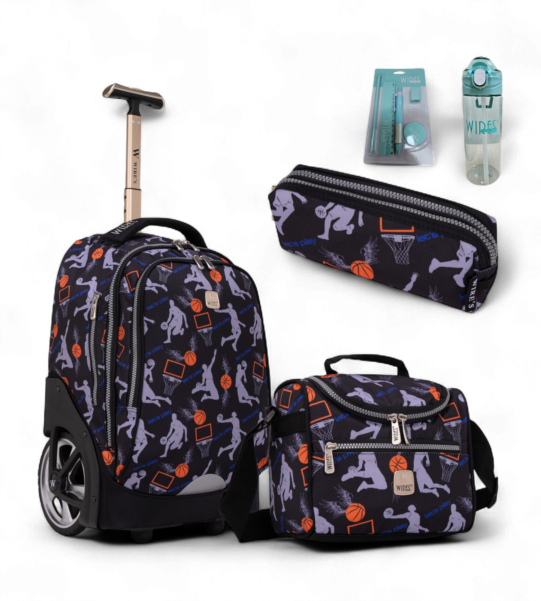 Wires Big Wheel Rolling School Bag 5 Piece Student Set