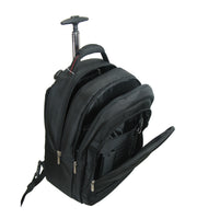Lucky Sky black and red trolley backpack side view with open front compartment