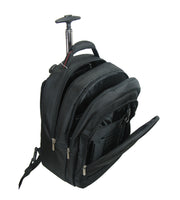 Lucky Sky black and red trolley backpack side view with open compartment