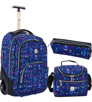 Wires 19 Inch mini wheel school trolley set in Blue Pacman theme with trolley bag, lunch bag and pencil case