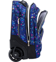 Side view of Wires 19 Inch mini wheel school trolley bag in Blue Pacman theme