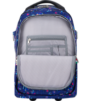 Open interior view of Wires 19 Inch mini wheel school trolley bag in Blue Pacman theme