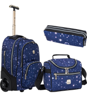 Wires 19 Inch mini wheel school trolley set in Blue Deep Sky theme with trolley bag, lunch bag and pencil case