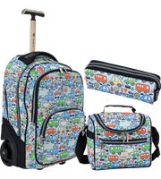 Wires 19 Inch mini wheel school trolley set in Blue Bus theme with trolley bag, lunch bag and pencil case