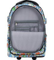 Open interior view of Wires 19 Inch mini wheel school trolley bag in Blue Bus theme