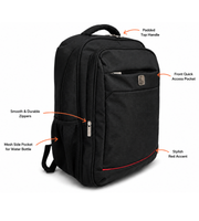 Wires School Backpack 19 Inch Black feature overview showing padded top handle, front pocket, zippers and mesh side pocket