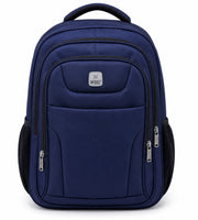 Front view of the navy blue Wires 19-inch school backpack showing its zip compartments and side mesh pockets.