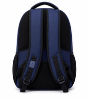 Back view of the navy blue Wires school backpack showing padded adjustable straps and the mesh back panel.