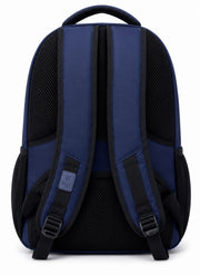 Back view of the navy blue Wires school backpack showing padded adjustable straps and the mesh back panel.