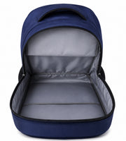 Open interior view of the navy blue Wires school backpack showing the lined main compartment.