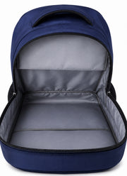 Open interior view of the navy blue Wires school backpack showing the lined main compartment.