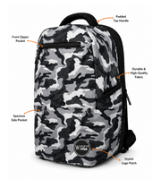 Wires School Backpack 19 Inch Grey Camo feature overview showing zip pocket, side pocket and padded handle