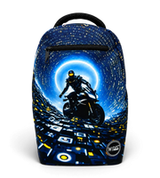 Wires School Backpack 19 Inch Blue Rider front view with motorcycle rider print