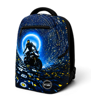 Wires School Backpack 19 Inch Blue Rider angled front view with motorcycle rider print