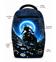 Wires School Backpack 19 Inch Blue Rider feature overview showing zip pocket, side pocket and padded handle