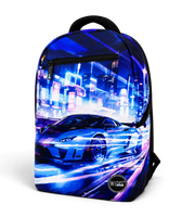 Wires School Backpack 19 Inch Blue Super Car angled front view with blue sports car print