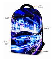 Wires School Backpack 19 Inch Blue Super Car feature overview showing zip pocket, side pocket and padded handle
