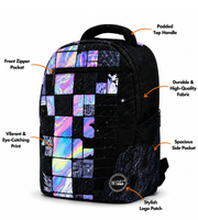 Wires School Backpack 19 Inch Purple Paint feature overview showing zip pocket, side pocket and padded handle