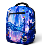 Wires School Backpack 19 Inch Space Whale angled front view with whale and city print