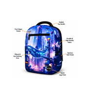 Wires School Backpack 19 Inch Space Whale feature overview showing zip pocket, side pocket and padded handle
