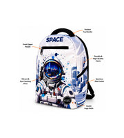 Wires School Backpack 19 Inch White Space feature overview showing zip pocket, side pocket and padded handle