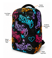 Wires School Backpack 19 Inch Graffiti feature overview showing zip pocket, side pocket and padded handle