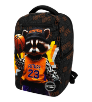 Wires School Backpack 19 Inch Raccoon Basketball angled front view with raccoon basketball print