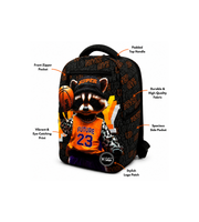 Wires School Backpack 19 Inch Raccoon Basketball feature overview showing zip pocket, side pocket and padded handle