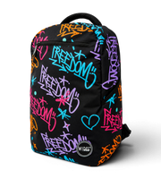 Wires School Backpack 19 Inch Freedom angled front view with colorful Freedom graffiti print