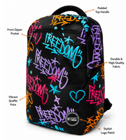 Wires School Backpack 19 Inch Freedom feature overview showing zip pocket, side pocket and padded handle