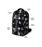 Wires School Backpack 19 Inch Triangle Camo feature overview showing zip pocket, side pocket and padded handle