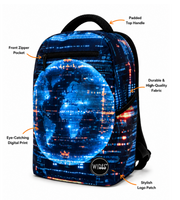 Wires School Backpack 19 Inch Global Space feature overview showing zip pocket, side pocket and padded handle