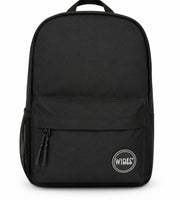 Front view of the black Wires 19-inch school backpack showing the main compartment, front zip pocket and side mesh pockets.